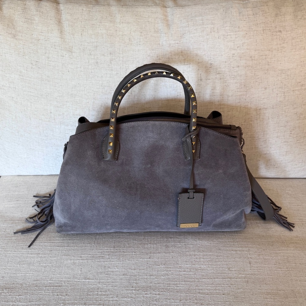 Gray Suede Tote/crossbody Bag with fringe and studded handles